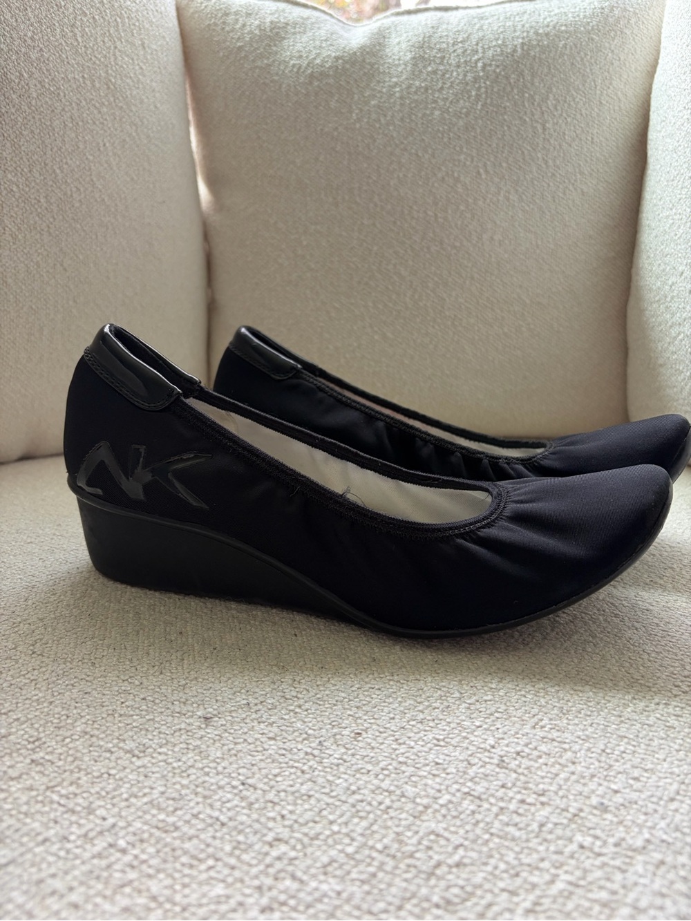 Anne Klein Black Wedge Ballet Flats with NK Logo